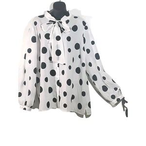 Eloquii 24 White Black Polka Dots Tie At Neckline Button Down Long Sleeve Blouse